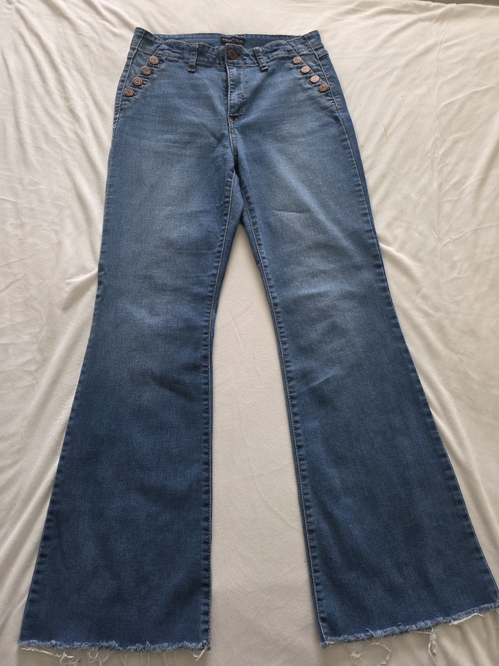 Sincerely Jules Blue High-Rise Flared Jeans with Button Detail, Sz 9 - Picture 3 of 6